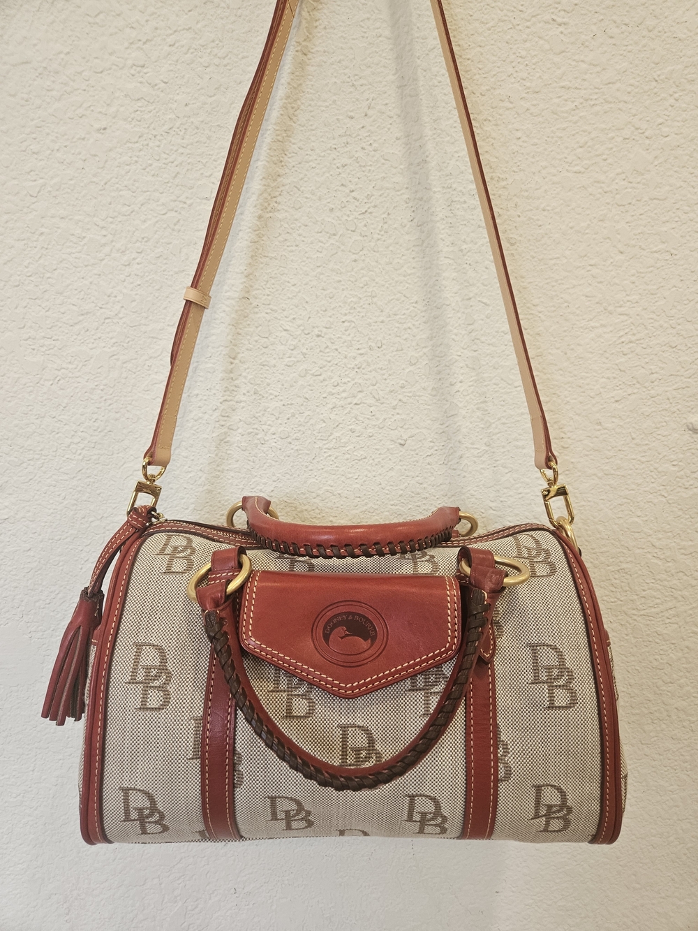 Dooney & Bourke Florentine Jacquard Barrel Pocket Satchel Bag Monogram Red Tan